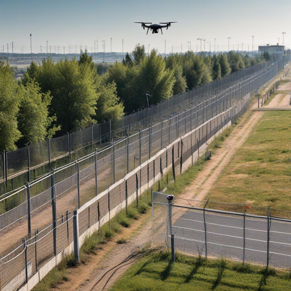 security fence with cameras beams and a drone